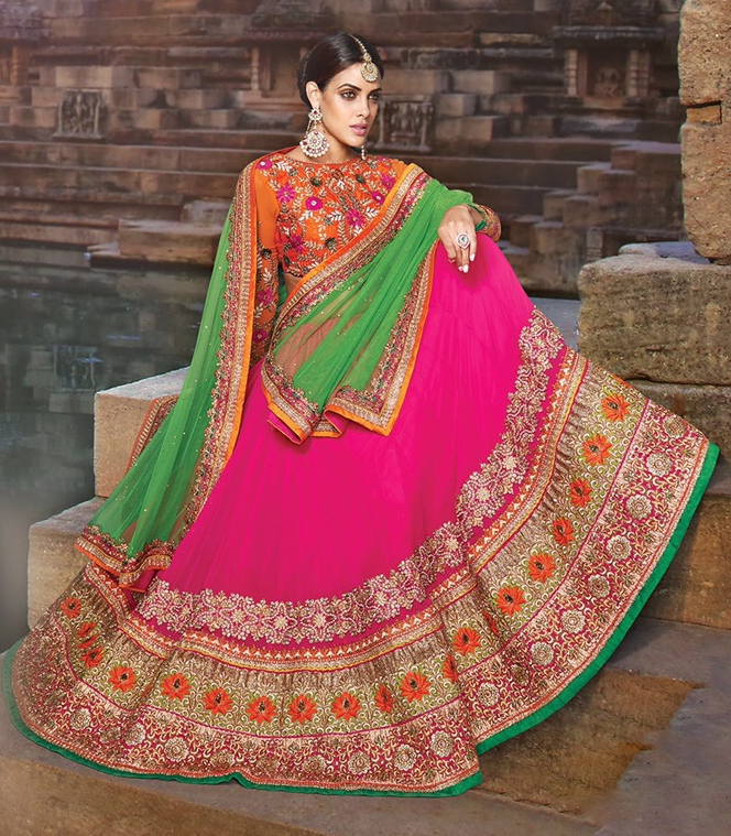 green lehenga with pink choli